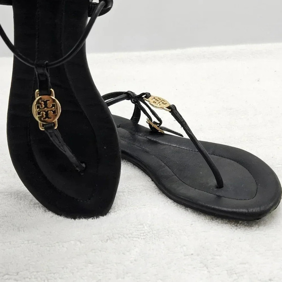Tory Burch Emmy Black Leather Gold Medallion Thong Slingback Sandal Shoe… - Picture 3 of 7